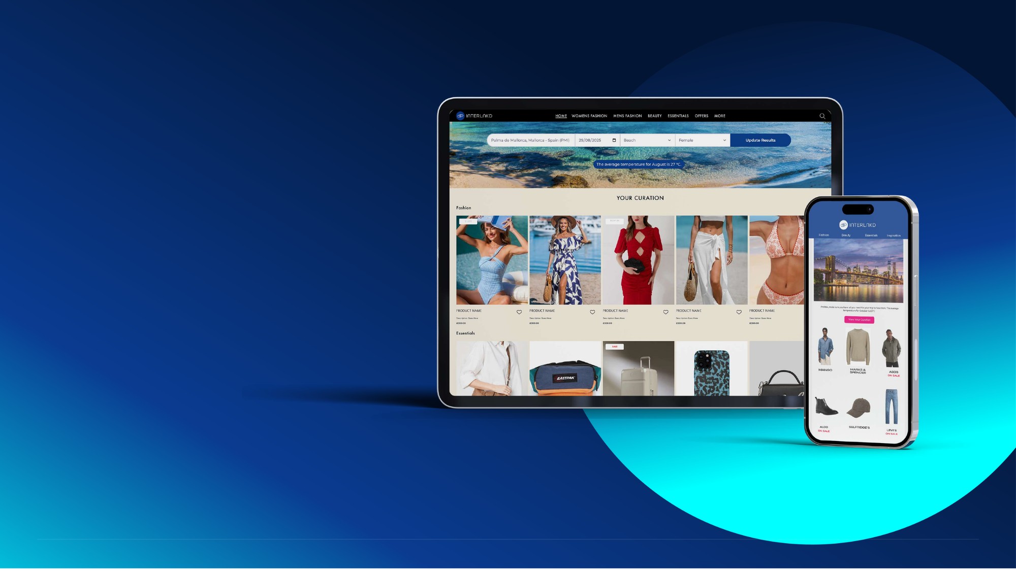 TravelStylist platform on tablet and mobile showing personalised travel shopping